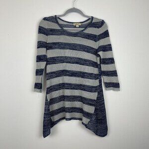 One World Blue Gray Striped Sweater 3/4 Sleeve Round neck Size Medium